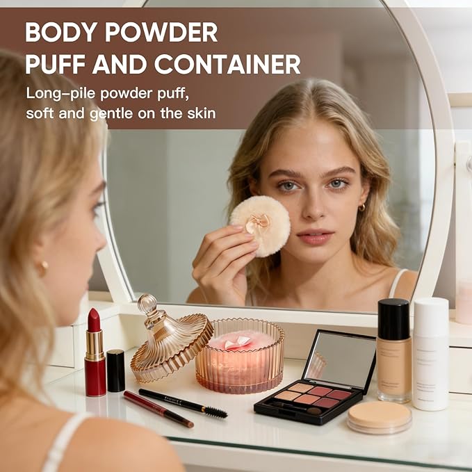 3 Pcs Dusting Powder Container with Puff, 3.54 Inch Soft Velour Dusting Powder Puff and Glass Powder Container, Washable Reusable Wet & Dry Powder Applicator for Women