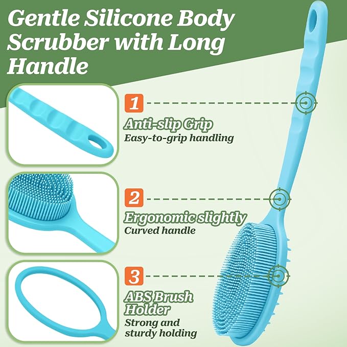 Silicone Back Scrubber for Shower, Soft Silicone Loofah with Handle, Gentle Exfoliating Back Scrubber, Back Brush Bath Brush with Dual-Side & Detachable Brush Head(Blue)