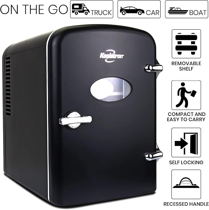 Koolatron Mini Fridge- Black Refrigerator 6 Can Portable Cooler for Bedroom Office Dorm Car Compact Fridge for Drinks Makeup Skincare Dual Power 12V 110V