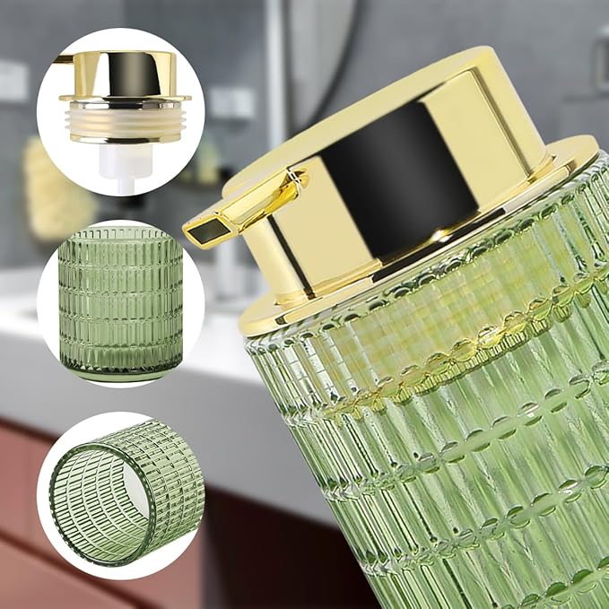 2pcs Green Foaming Soap Dispenser, Glass Foam Hand Soap Dispenser with Gold Pump, 10 Oz Bathroom Refillable Liquid Lotion Pump Ribbed Bottle Container for Countertop Decor