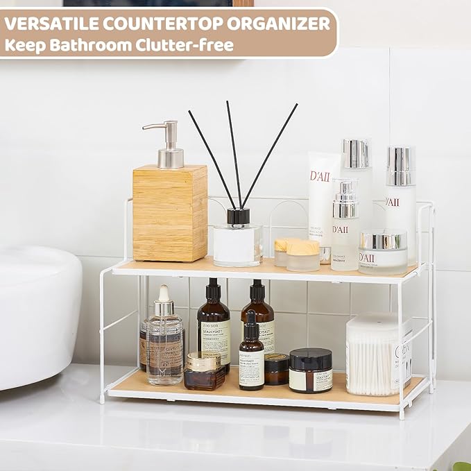 Bathroom Counter Organizer 10s Tool-Free Install, 2 Tier Bathroom Organizers and Storage, Collapsible Bathroom Organizer Countertop, Wood Bathroom Kitchen Countertop Organizer, White