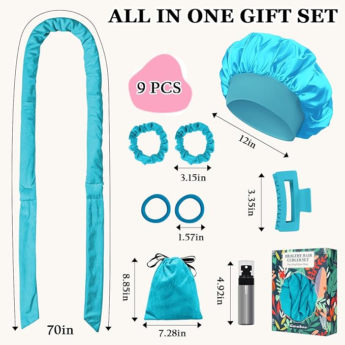 Heatless Curls Overnight Hair Curler, 70" Soft Hair Curlers to Sleep In No Heat Curls Overnight, 9 PCS No Heat Curlers Set for Women - Blue