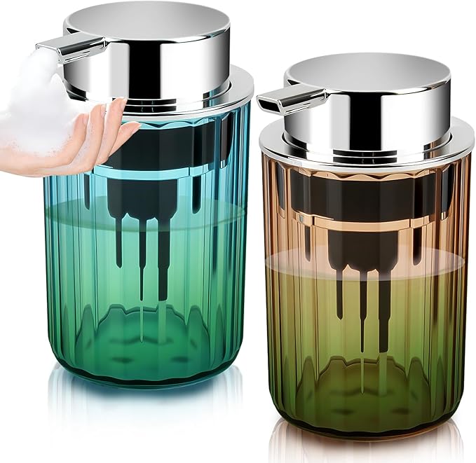 Foaming Hand Soap Dispenser 350ml (11oz) Refillable Vintage-Inspired Modern Plastic Silver Pump for Liquid Soap Shampoo Body Wash Bottle for Bathroom Kitchen (2 Pcs)(Brown+Blue)