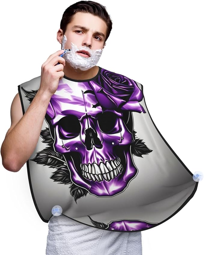 Purple Rose And Skull Print Beard Bib Shaving Apron, Beard Hair Trimming Cape Gift For Dad