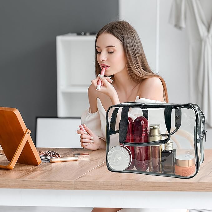 PVC Clear Pure Color Transparent Large Zipper Cosmetic Pouch Travel Makeup Cosmetic Bag with Handle for Travel Bathroom Toiletry Organizer (Clear+Black Handle)