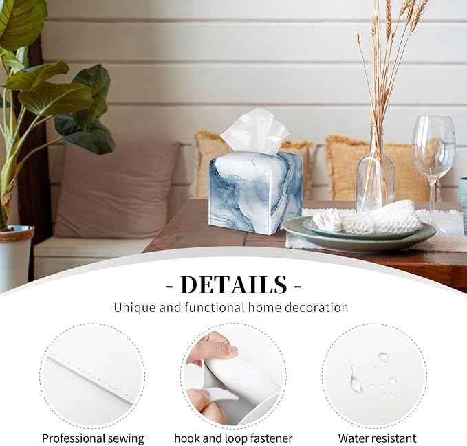Blue Marble Tissue Box Cover Modern Square Leather Tissue Holder Decorative Facial Tissue Cube Paper Cover Case Organizer for Bathroom Night Stands Desk Tabletop Living Room Home