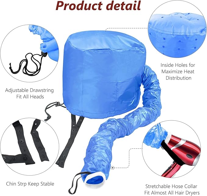 Hair Dryer Bonnet Attachment for Hair Styling and Drying at Home, Soft Adjustable - Blue
