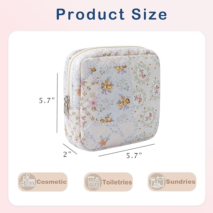 Small Quilted Cosmetic Pouch for Purse, Mini Cotton Makeup Bag with Compartments, Cute Zipper Lipstick Holder for Women (14Mixed Flowers)