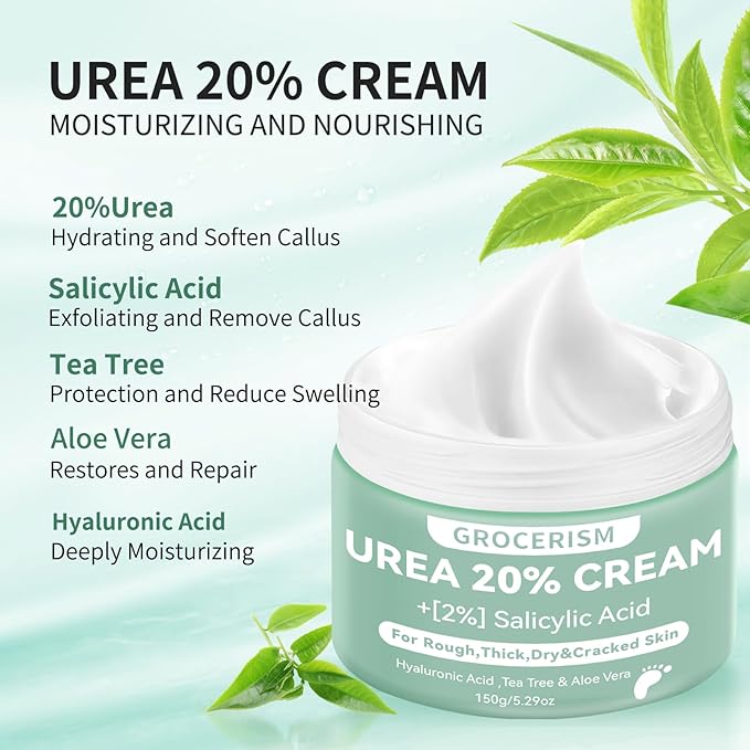 Grocerism 2 Packs Urea Cream 20% Plus 2% Salicylic Acid 5.3oz || Foot Cream Maximum Strength with Hyaluronic Acid, Tea Tree and Aloe Vera for Deep Moisturizes, Callus Remover and Soften
