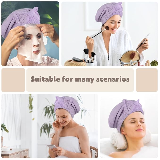 SUNLAND Large Microfiber Hair Drying Caps with Bow Knot Fast Drying Shower Cap Soft and Absorbent hairWrap Hair Turban Bath Caps for Curly Thick and Wet Hair