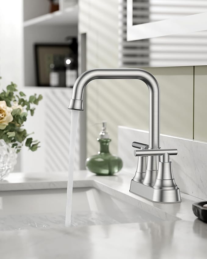FORIOUS 4 Inch Centerset Bathroom Faucet 3 Hole, 2 Handle Brushed Nickel Faucet for Bathroom Sink with Pop Up Drain Assembly, Lead-Free Sink Faucet for Bathroom Vanity RV