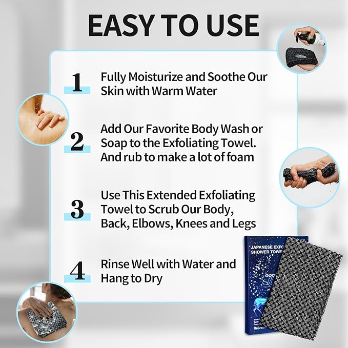 Exfoliating Washcloth Shower Towels, Premium Japanese Exfoliating Body Scrubber, Upgraded Loofah Sponge Rich in Silver Ion and Carbon Fiber, Face & Body Scrub Exfoliator with 2 Levels, Longer