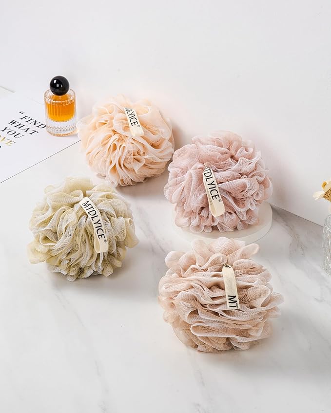 Loofah Sponge, XL Large Loofah 75g 4 Pack, Bath Sponge Soft Mesh Shower, Body Scrubber, Loofah for Men, Bath Accessories Body wash Foaming (Beige)