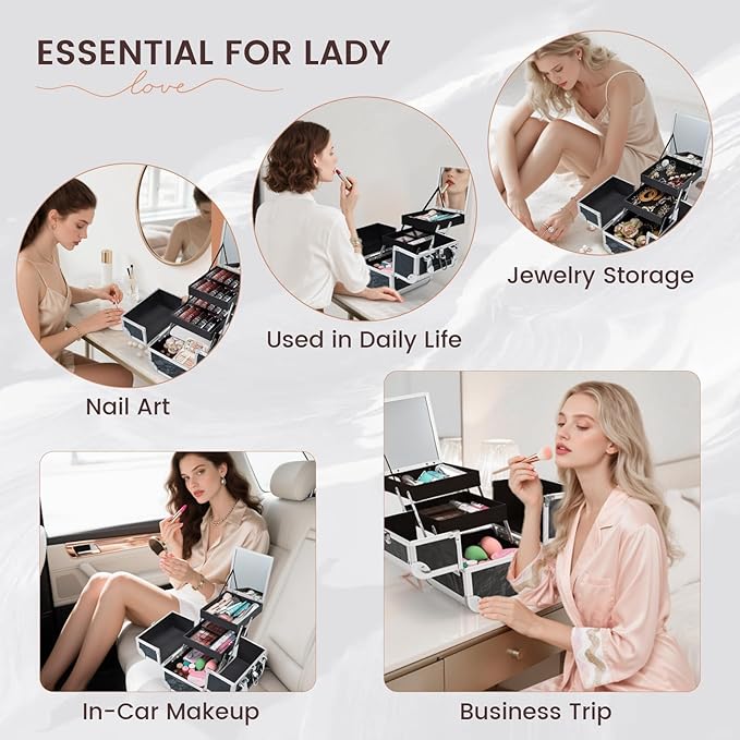 Costravio Makeup Case Train Case Portable Makeup Box with Mirror Lock Box Travel Cosmetic Train Cases Hard Make Up Organizer for Girls Nail Craft Storage Vanity Misty Hills Black