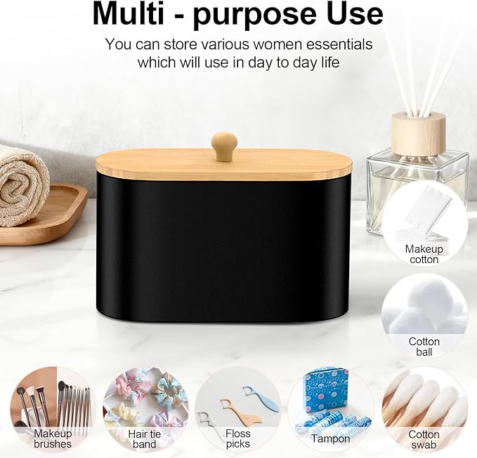 Cotton Swab Holder,Round Cotton Pads Balls Qtip Holder Dispenser with Lid, 2 Compartments Qtips Holder, Tampoms Period Box Bathroom Organizers Storage Bin Floss Dispenser Vanity Cosmetics, Black