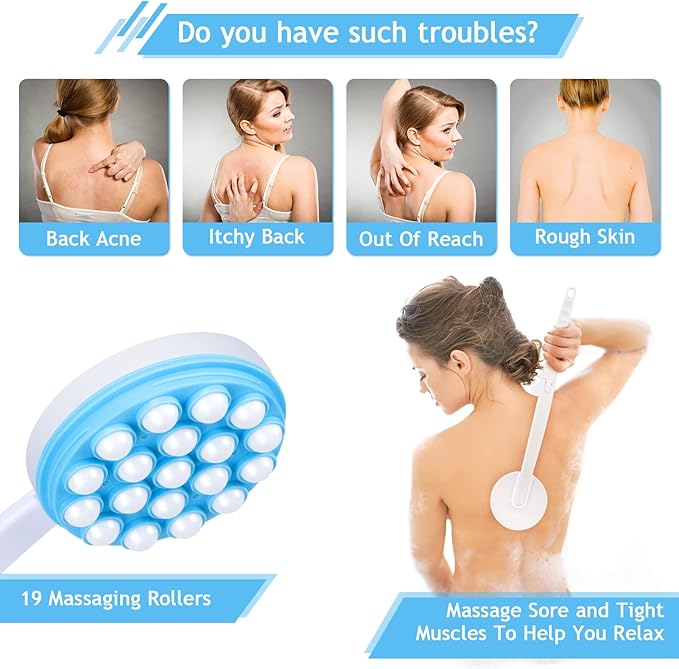 Upgrade Body Lotion Applicator, Oil Cream Applicator Massager Shower Scrubber with 19 Massaging Rollers and Foldable Long Handle, Shower Brush Set Back Oil Cream Applicator for Woman Men