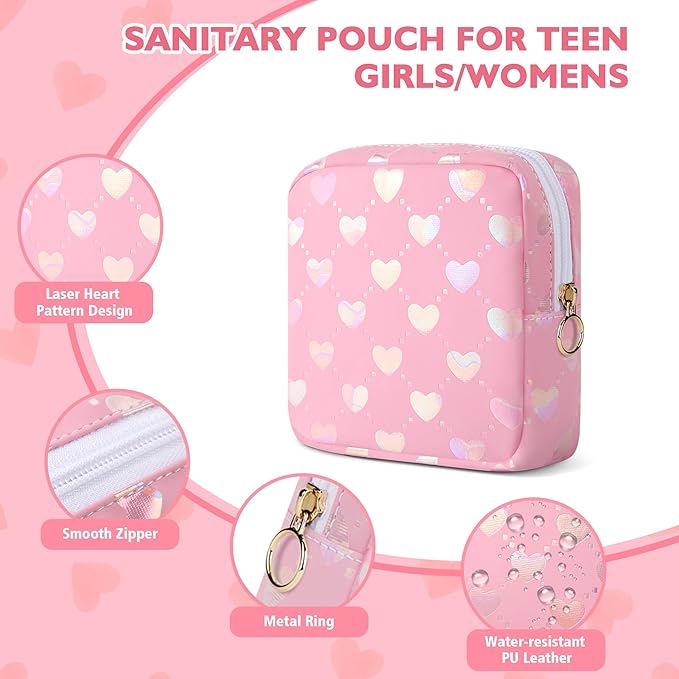 Period Bag Pouch, Leather Sanitary Napkin Storage Bag for Girls Womens, Portable Sanitary Napkin Period Pad Pouch Bag for Purse, Small Make Up Bags(Pink LOVE)