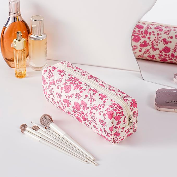 Cute Floral Makeup Brush Bag Small Cotton Quilted Cosmetic Bag for Women Travel Toiletry Zipper Make Up Pouch (Rose Red Floral)