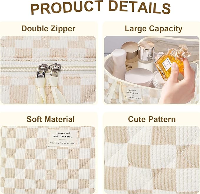 3Pcs Makeup Bag Cotton Quilted Travel Cosmetic Bag Cute Floral Makeup Pouch Large Toiletry Bag for Women Girls