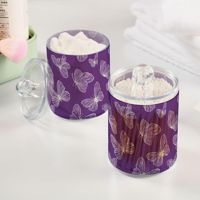 2 Pack Purple Butterflies Apothecary Jars with Lid, 12 Oz Clear Plastic Apothecary Jar Set Qtip Holder Storage Containers for Cotton Ball Swabs Bathroom Vanity
