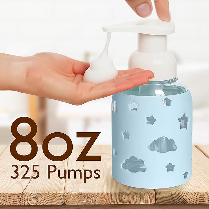 SoCal Suds & Company Foaming Hand Soap Dispenser Glass, Liquid Soap Pump with Cloud & Star Sleeve, Refillable Bottle for Kids, Baby Wash & Shampoo, Ideal for Bathroom & Kitchen Use, Light Blue, 8oz