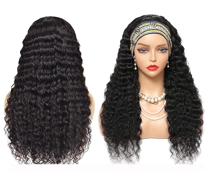 Aiterina Headband Wig Human Hair Deep Wave Headband Wigs for Black Women 24 inch Glueless Headband Wig Brazilian Virgin Hair None Lace Front Wigs Machine Made Headband Wigs