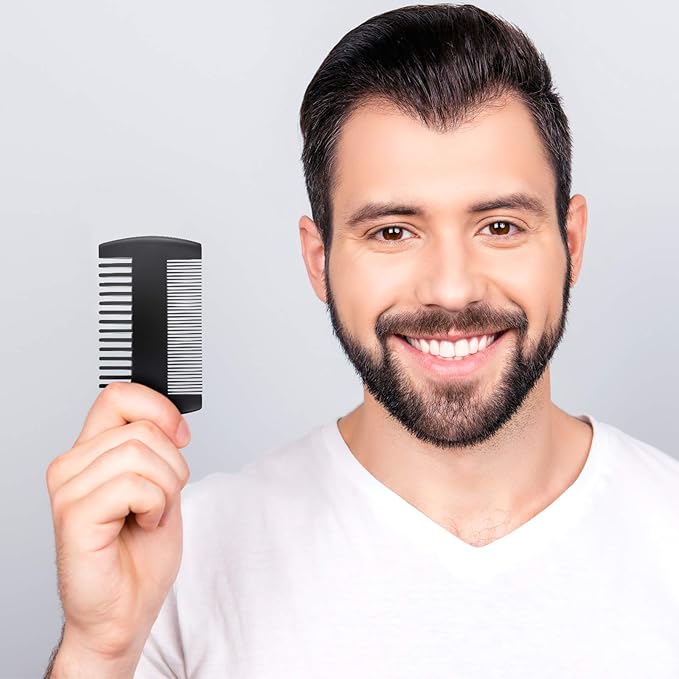 3 Pieces Beard Comb for Men Natural Sandalwood Wooden Mustaches Combs Dual Action Teeth Beard Comb with 3 Pieces Pocket Faux Leather Case for Beards Mustaches(Black)