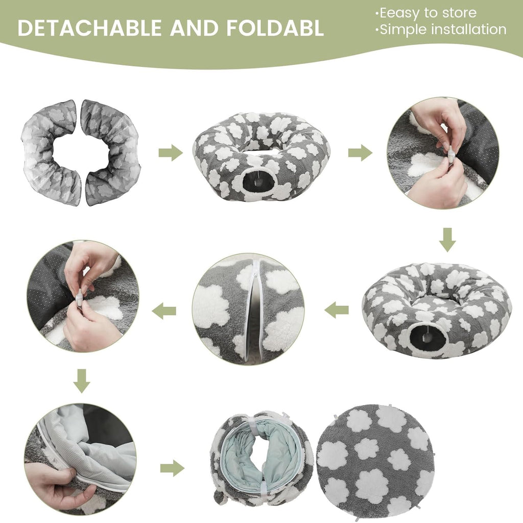 Cat Tunnel Bed for Indoor Cats,Soft Peekaboo Cave Cat Donut Tunnel with Washable Circle Cushion Central Mat, 3 Ways Shaped Round Pet Play Tunnel Toy for Kitten Puppy Rabbit Ferret Yellow