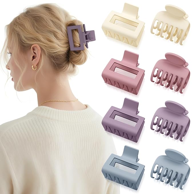 8 PCS Medium Hair Clips for Women Girls - 2 Styles Rectangle and Double Row Teeth Small Claw Clips for Thin Thick Fine Hair, Matte Non-slip Strong Hold Jaw Clips Hair Accessories (Colorful)