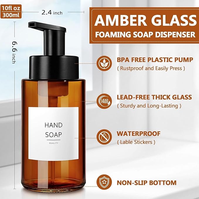 Amber Foam Soap Dispenser, 10 oz/300ml Glass Foaming Soap Dispenser, 2 Pcs Foaming Hand Dispenser for Bathroom & Kitchen, Refillable Bottle with Waterproof Labels