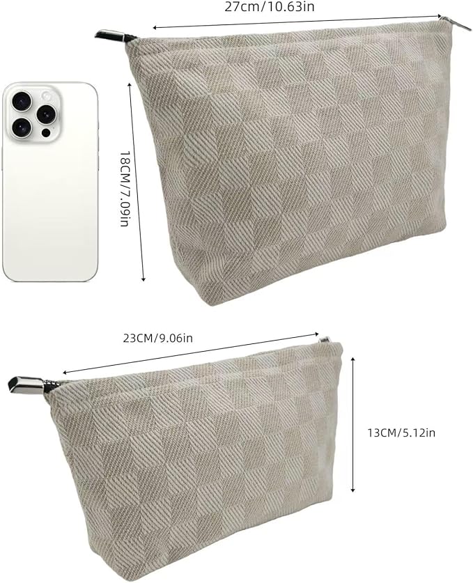 2-Pack Beige Checkered Makeup Bag Set - Large Capacity Cosmetic Organizer Pouch | Travel Toiletry Bag for Women Girls