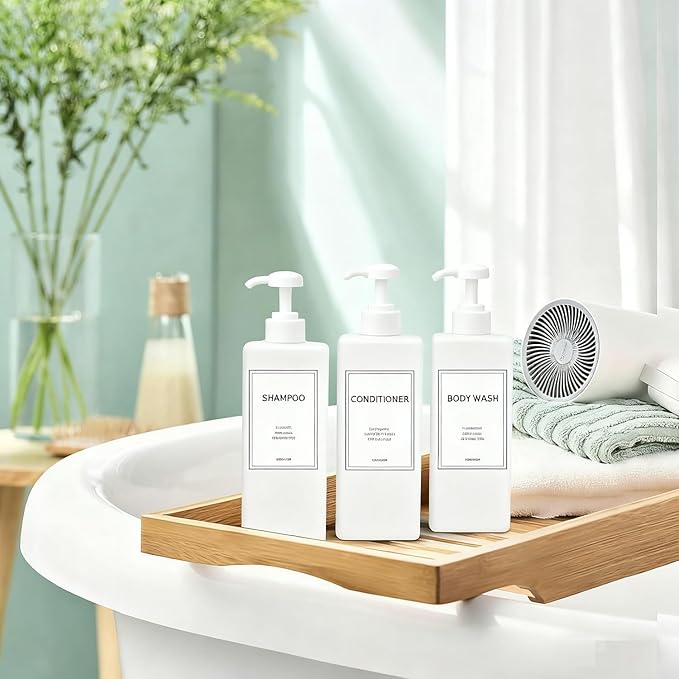 Modern Shampoo and Conditioner Dispenser (21 oz, Pack of 3) Refillable Pump Bottle Set Empty Shower Plastic Bottles with Pump for Bathroom Body Wash Soap and Shower