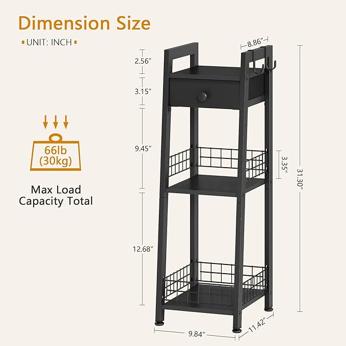 3-Tier Narrow Ladder Shelf with Drawer, Bathroom Table Stand for Small Space, Narrow Bathroom Standing Shelves with Storage for Living Room Bedroom Kitchen, Black