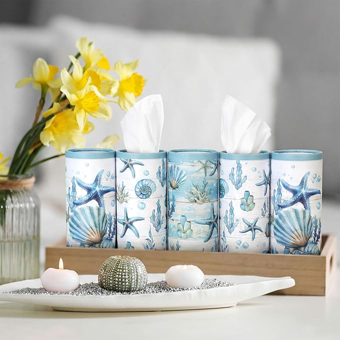 12 Pack Summer Ocean Car Tissue Cylinder Holder Bulk with 3 Ply Facial Tissues Starfish Round Napkin Holders for Cup Holder Cylinder Colorful Travel Paper Tubes Bulk Napkin Boxes Packs