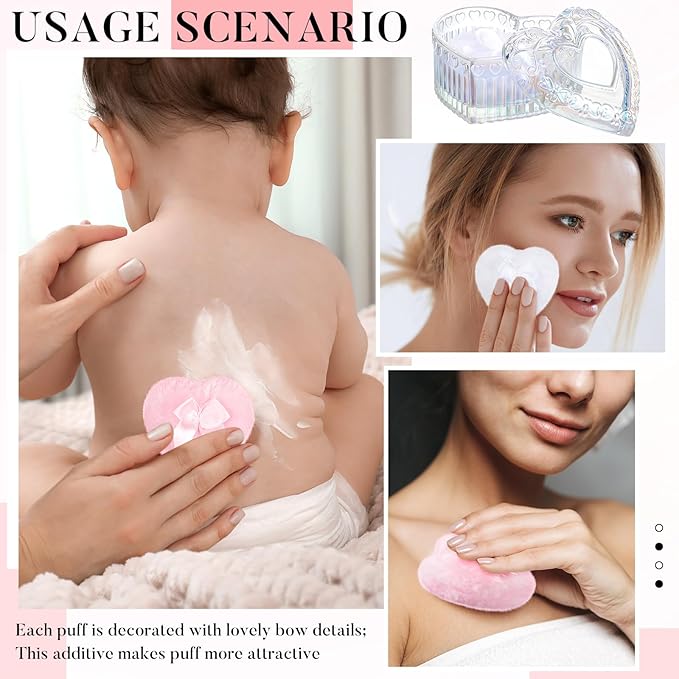 Tioncy 3 Pcs Large Body Powder Puff and Container Valentine's Day gift Powder Container with Puff Crystal Case Soft Washable Reusable Velour Face Body Glitter Wet Dry Makeup(Heart,Glitter)