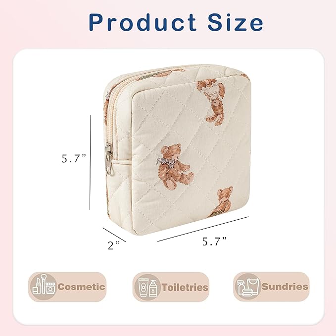 Small Quilted Cotton Makeup Bag for Purse, Cosmetic Bag with Compartments, Cotton Aesthetic Makeup Bag, Travel Toiletry Pouch, Key Pocket Lipstick Bag Card Holder Data Cable Organizer（01White Bear）