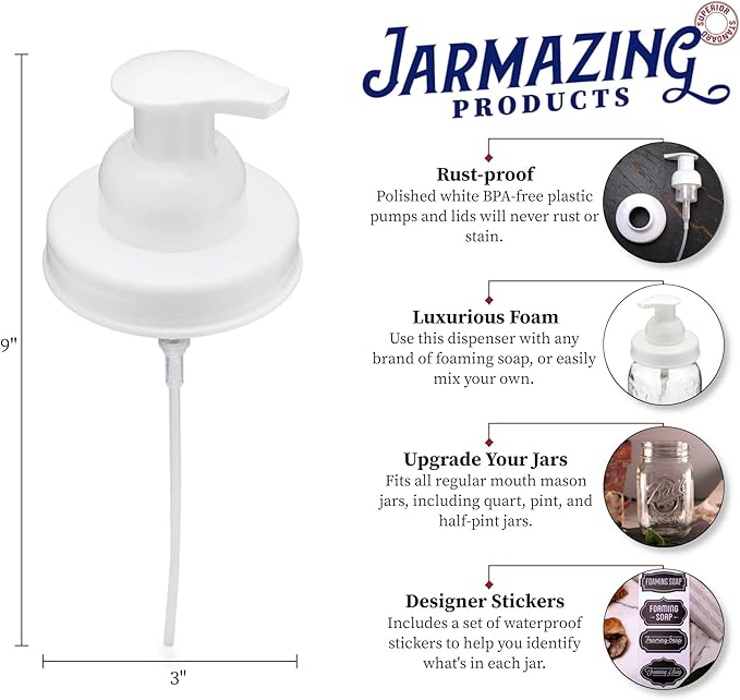 Jarmazing Products Mason Jar Foaming Soap Dispenser Lids - Includes Waterproof Stickers! (12, White)