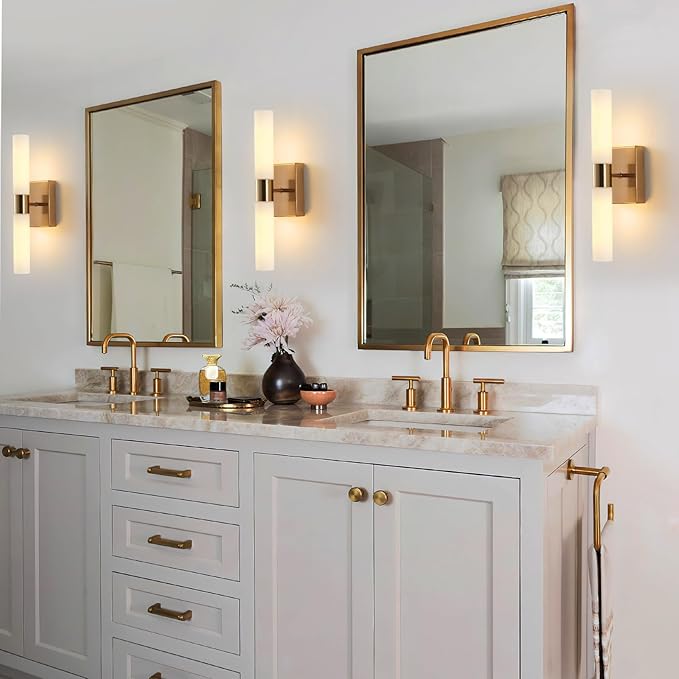 Modern Wall Sconces, Set of 2 Brushed Brass Gold, Frosted Glass Shade, Indoor Wall Mounted Lights, Bathroom Sconces, 36 cm, for Bedroom Wall Lamp