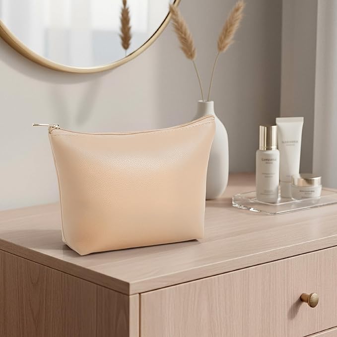 Kigeli PU Leather Makeup Bag for Women Gift Cosmetic Pouch for Purse Waterproof with PU Leather Travel Toiletry Organizer with Zipper for Women Bridesmaid Friend Gift(Flesh)