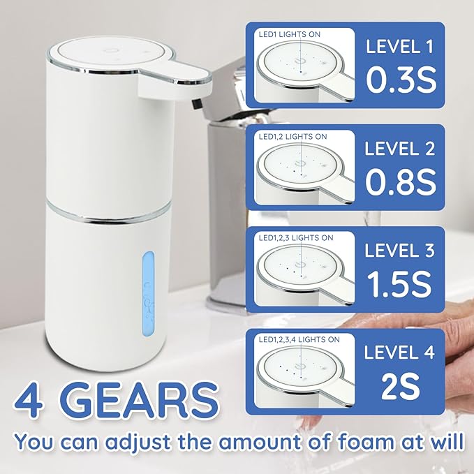 Liquid Soap Dispenser, Automatic Soap Dispenser, 13.5oz/400ml Automatic Soap Dispenser Touchless, USB Rechargeable 4 Level Adjustable Electric Hand Soap Dispenser, for Bathroom, Kitchen,Hotel(White)