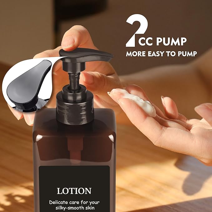 Amber Refillable Plastic Pump Bottle Set, 500ML - Waterproof Labels, Shampoo and Conditioner Dispenser for Shower (Set of 3)