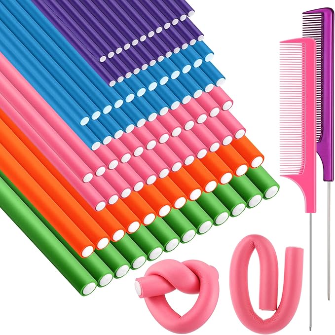 Tigeen 96 Pieces Flexible Curling Rods 9.45 Inch Soft Twist Foam Hair Curling Rollers No Heat Hair Rods Rollers with 2 Pieces Rat Tail Comb Steel Pintail Comb for Women (Multi Size,Multi Color)