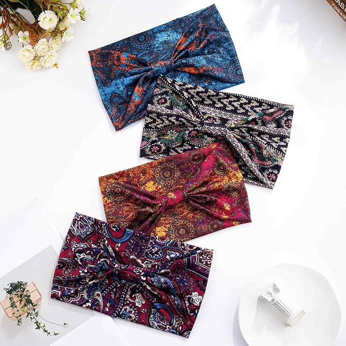 Olbye Wide Boho Headbands Floral Stretch Head Wraps Bohemian African Turban Hairbands Knotted Bandana Headband Yoga Running Head Scarfs Workout Hair Accessories for Women 4Pcs (Boho, 9.4 * 5.9'')