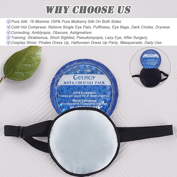 Cooling Eye Patches for Puffy Eyes, Pure Silk Ice Eye Patch, Single Eye Mask, Medical One Eye Cover Cold Hot Therapy Strabismus Lazy Eyes After Surgery Adult Kid Pirate Eyepatch (Blue New)