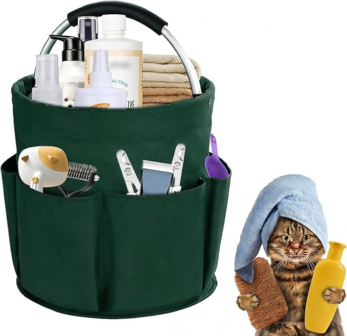 Felt Pet Dog Grooming Bag, Small Pet Grooming Tote Bag, 6-pocket Dog Grooming Supplies Organiser, Travel Outdoor Hold for Clippers Nail Grinder, Cleaning Brush, Trimmer, Nozzle, Green