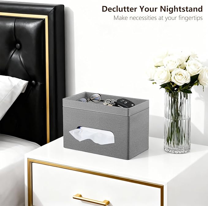PU Leather Tissue Box Cover Rectangle with Detachable Storage Tray, Fits 230-Count Box Tall Rectangular, Modern Decorative Tissue Box Holder/Organizer for Bathroom, Bedroom Dresser, Night Stand