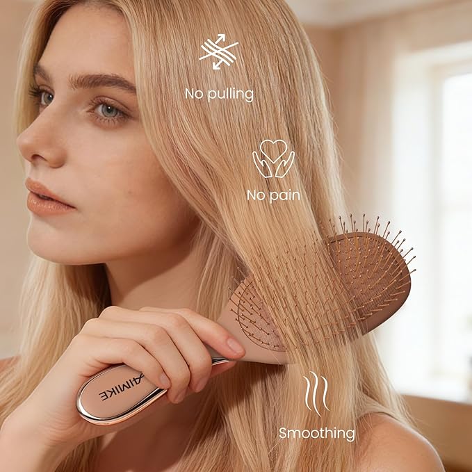 AIMIKE Mocha Mousse Detangler Brush, Pain-Free Detangling Brush with Ultra-Soft FlexGlide Bristles, Effortlessly Remove Knots & Reduce Hair Breakage, Wet Dry Paddle Brush for Women Thin Fine Hair