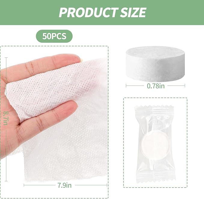 50 PCS Compressed Towel, Disposable Compressed Towel Tablets,Individually Packed,Coin-Sized Face Towels for Travel, Camping and Outdoor Sports