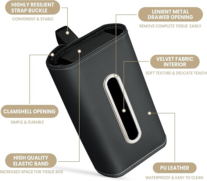 Car Tissue Holder, WHHMK Tissue Box Cover Keep Car Tidy,PU Leather Backseat Napkin Rectangle Organizer,Extra Large Tissue Box Storage in Car Fits for 100-150 Regular Size Tissues,Black(2Packs)