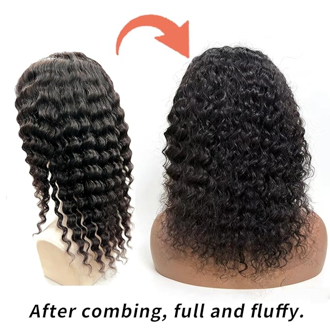 XSY Headband Wig Human Hair 16 Inch Deep Wave Glueless None Lace Front Wig Curly Headband Half Wigs for Black Women Brazilian Virgin Machine Made Wigs Natural Black Color